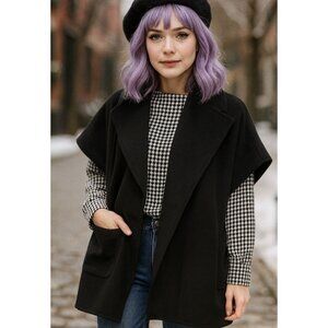 NEW ANN TAYLOR LOFT BLACK OVERSIZED WRAP PONCHO SWEATER XS / S. ‎       T